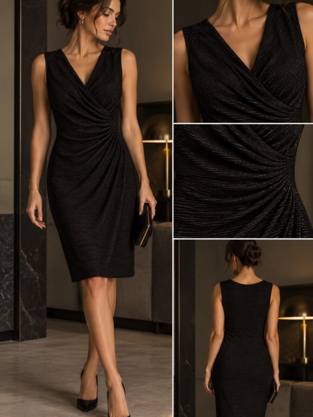 Lauren Ralph Lauren Women’s Size 14 Black Metallic Ruched Faux Wrap Sheath Dress